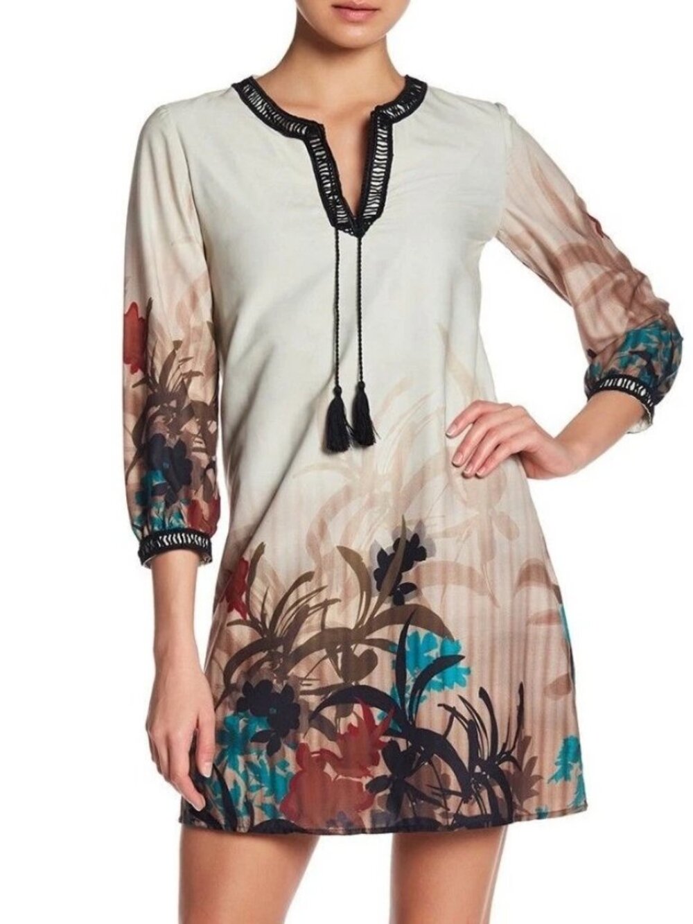AMELIA New York Tassel Print 3/4 Sleeve Shift Dress Women's Sz 4 NWT